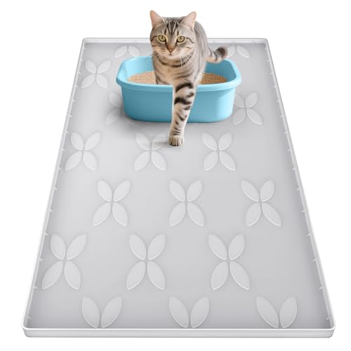 Cat Litter Mat, Large 34" x 22" Litter Box Mat, Waterproof Silicone Litter Mat for Litter Box, Non-Slip, Easy to Clean (Light Grey)