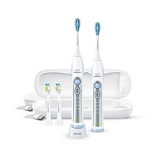 Philips Sonicare FlexCare Whitening Edition Rechargeable Toothbrush 2-Pack Bundle HX6964 77 (2 FlexCare Handles, 2 DiamondClean & 2 Plaque Control Brush Heads, 2 USB Charging Travel Cases)