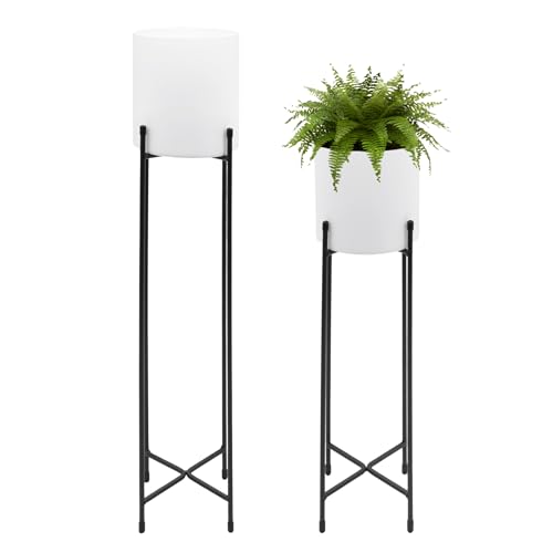 Spetebo Lot de 2 supports de pots de fleurs en métal - Avec pots blancs - 74 et 58 cm - Support pour pot de fleurs rond