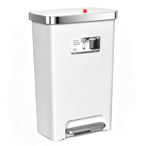 Image of Trash Can with lid,12 Gallon Slim Tall Garbage Can,White | Kitchen Trash Bin Step-on with Lid, Plastic Garbage Can with Stainless Steel Rim for Bathroom,Living room,Bedroom,Yard