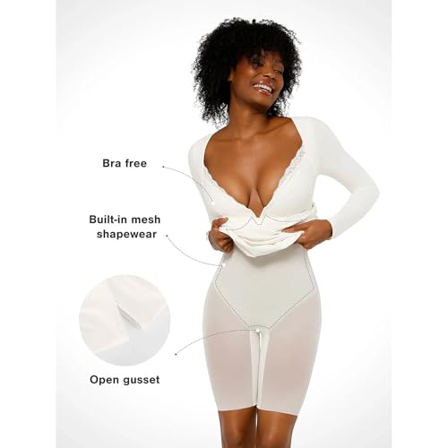 Image of Popilush Long Sleeve Cocktail Dress for Women Shapewear Tummy Control Party Dresses Deep V Neck Lace Mermaid Maxi Dress