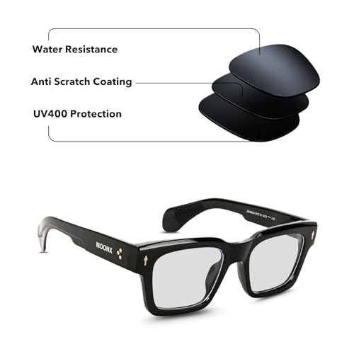 Image of MOONX Hydra S7 UV Protected Rectangular Sunglasses for Men & Women | Black PC Frame | Transparent Lens | Stylish Unisex Eyewear for Driving, Travel & Casual Outings