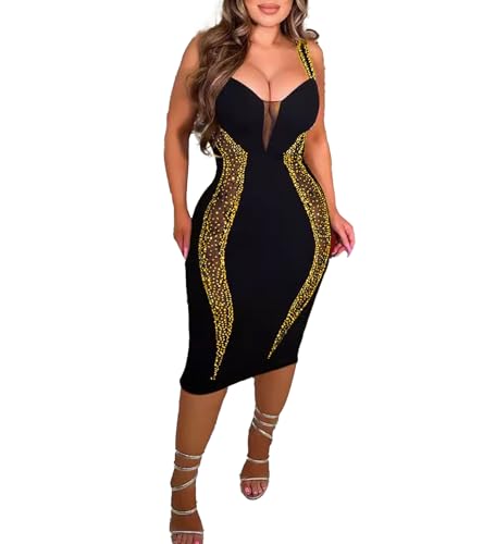 Image of Jigfar Women's Sexy Elegant Rhinestone Sleeveless Bodycon Party Club Night Mini Dress(FK3163,Gold,M)