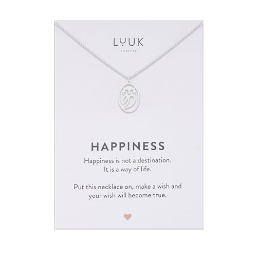 LUUK LIFESTYLE Owl pendant cute women necklace Stainless steel 14k Silver plated with HAPPINESS Gift Card 19in adjustable sturdy chain dainty modern trendy gifting season aesthetic animal theme