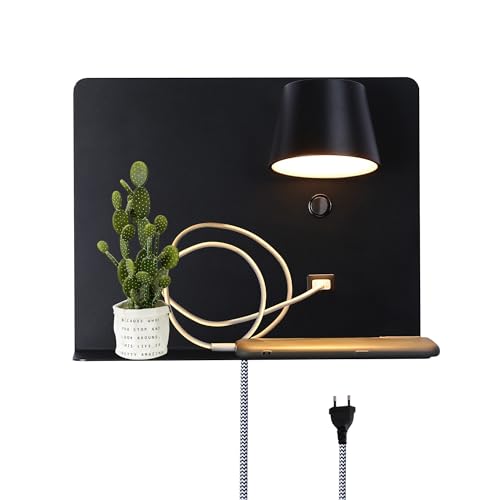 Image of SUNLLOK LED Wall Lamp with USB Charging Port Case, Modern Reading Wall Sconces with Shleves, Adjustable Lampshade Source Warm White Wall Mounted Lamp Decoration for Living Room, Bedroom, Black