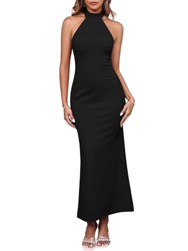 Parthea Women's Elegant Sleeveless Halter Neck Formal Bodycon Wedding Guest Evening Party Maxi Dress