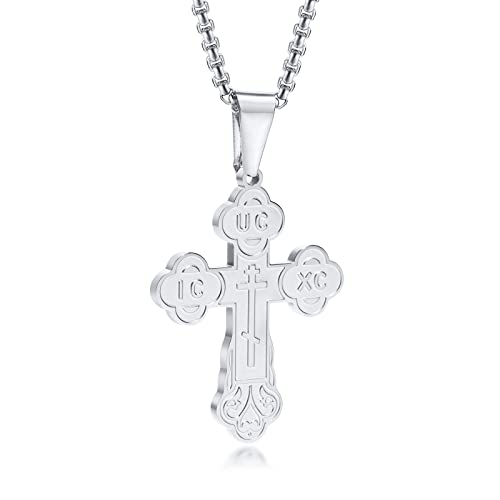 Men's Orthodox Cross Pendant Necklace - Trendy Religious Cross Chain,Hypoallergenic Waterproof Stainless Steel Christian Long Necklaces,Non Tarnish Byzantine Cross Symbol Pendants Necklace for Him