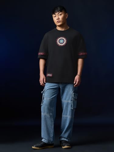 Image of The Souled Store Marvel Indie: Logo Men and Boys Short Sleeves Round Neck Embroidered Drop Shoulder Baggy Casual Streetwear Superheroes Inspired Cotton Super Oversized T-Shirt
