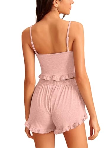 Image of Avanova Women Sexy 2 Piece Pajama Set Ruffle Trim Cami Top and Shorts Sleepwear Set
