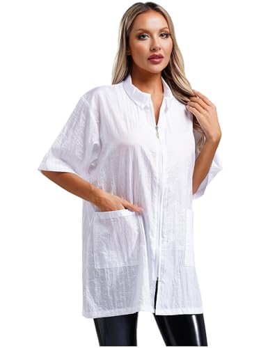 Hularka Adult Waterproof Short Sleeve Barber Jacket Turn-Down Front Zipper Salon Smock Jacket3