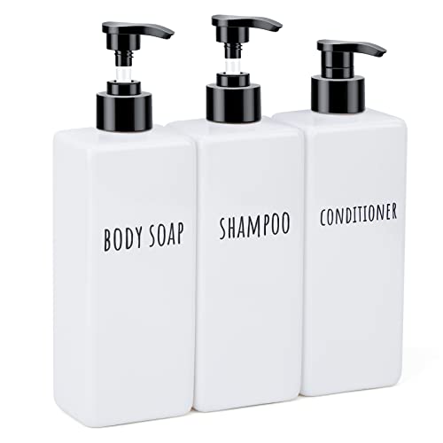 Image of Segbeauty Plastic Soap Dispenser, 3pcs 16.9oz Refillable Shampoo Bottles White, 500ml Empty Square Pump Press Bottle Shower Dispenser Lotion Container for Modern Bathroom Hotel Kitchen