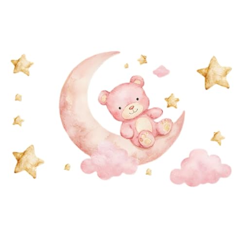 Vinilos decorativos oso rosa y luna con estrellas doradas