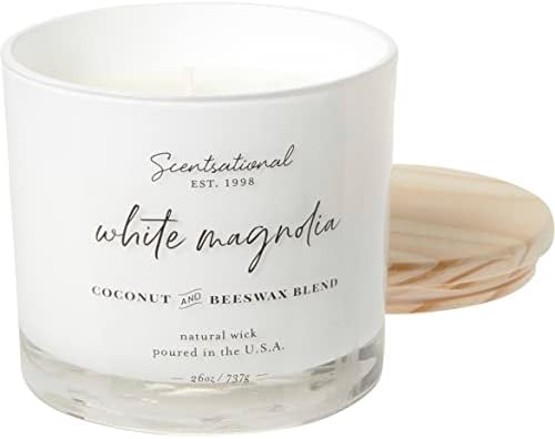 Natural Coconut + Beeswax Scented Candle White Magnolia (in Cursive) XL White Jar with Wooden Lid, 26 Oz.