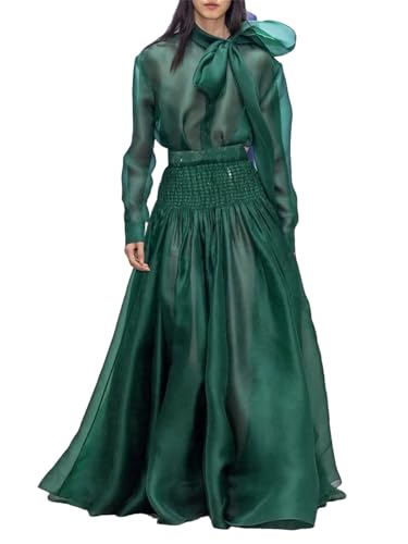 Women's Sheer Top Set - Round Neck Long Sleeve Bowknot & Skirt