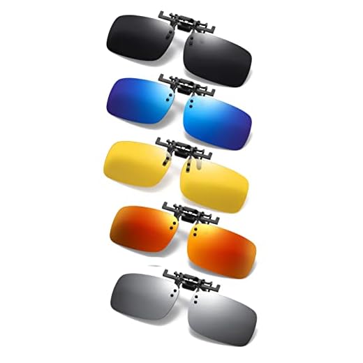 RuiJinGen 5 Pack Clip on Flip up Polarized Lens For Prescription Glasses, 100% UV Protection Sunglasses N44 (YellowBlueGreyRedSilver)…