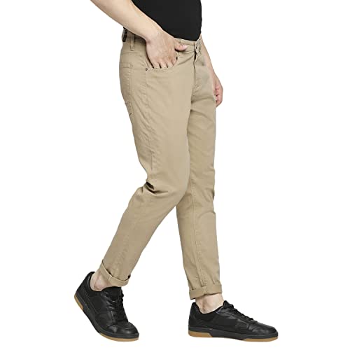 Image of Spykar Men Mid Rise Camel Cotton Slim Fit Tapered Length Trousers
