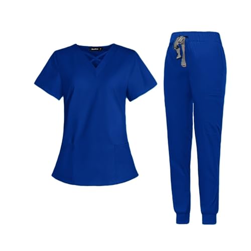 Meichoon Set de uniformes médicos para mujer con cuello cruzado con 4 bolsillos, manga corta y cordón de secado rápido, pantalones de yoga DK53Azul XL