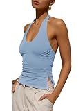 Tankaneo Damski seksowny top wiązany na szyi, okrągły dekolt, bez pleców, tank top, na lato, marszczony, krój slim fit, błękitny, XL