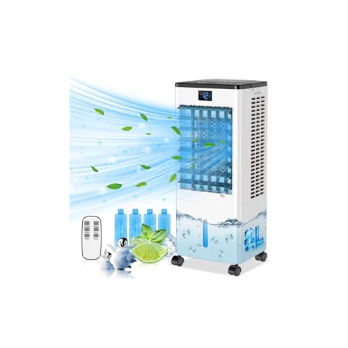 Portable Air Conditioners, Evaporative Air Cooler with 8 L Water Tank, Portable AC Unit, Swamp Cooler with 12H Timer & Remote Control, Fast Cooling Room Air Conditioner for Home Bedroom Garage Office