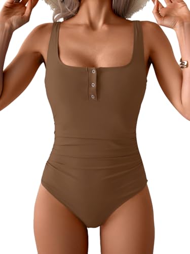 Image of B2prity One Piece Swimsuit for Women Tummy Control Ruched Slimming Bathing Suit Button Full Coverage Swimwear