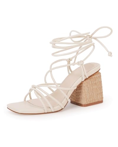 Image of PiePieBuy Women's Lace Up Chunky Braided Heel Sandals Square Toe Strappy Ankle Strap Heels