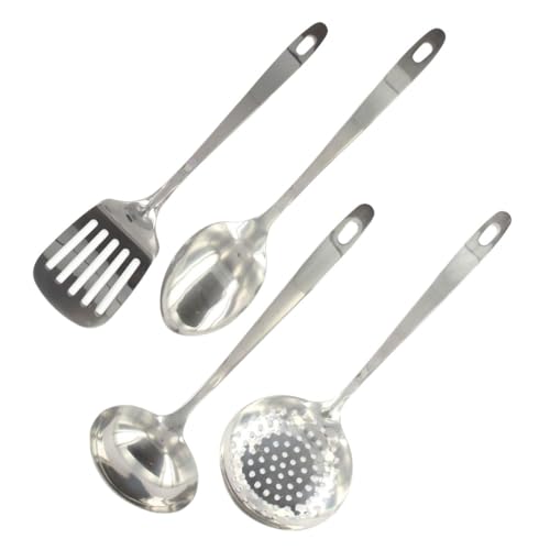 Fackelmann 9908950 Ensemble de 4 ustensiles de cuisine en inox, louche de cuisine, cuillère de service, écumoire, spatule de cuisine, Acier inoxydable, 32,1...