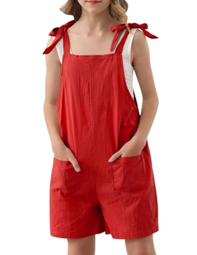 Image of Girls Romper Sleeveless Adjustable Tie-Up Strap Short Jumpsuits Summer Clothes with Pocket 5-12 years