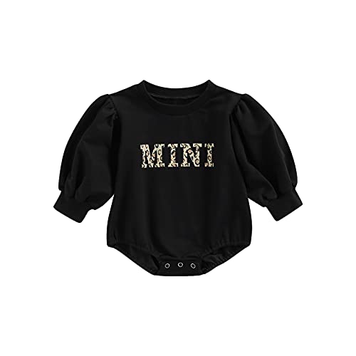 Liyabanna Baby Boy Girl Crewneck Sweatshirt Romper Long Sleeve Letter Print Oversized Sweater Cute Fall Winter Clothes 0-24 Months (Black, 0-6 Months)