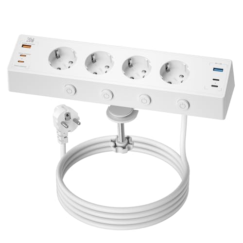 Bordsuttag med USB C 20W, 4-vägs grenuttag skrivbord individuellt omkopplingsbart med 4 USB C och 2 USB A, multipeluttag med strömbrytare, överspänningsskydd med 2M kabel för hemmakontor (Vit)