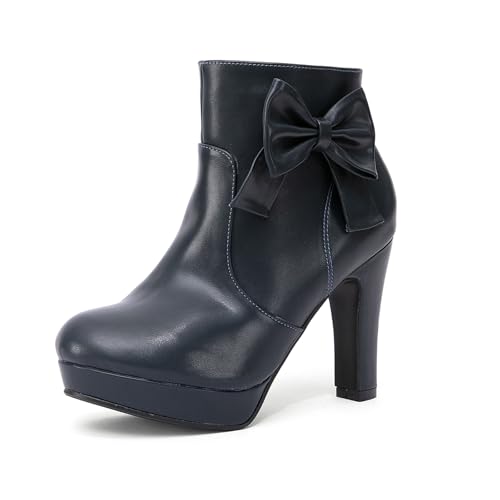 GATUXUS Women's Chunky High Heels Bow Decor Ankle Boots Round Toe Side Zipper Platform Short Booties Dress Shoes