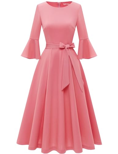 Image of HomRain Women's Church Dresses Modest Bell Sleeve Wedding Guest Cocktail Tea Party Vintage Evening Dress