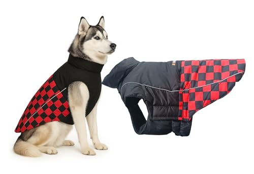 Image of The Pets Company Dog Winter Coat Jacket, Cloth, Windproof, Waterproof, Light Weight, Washable, Ultra Warm Thick Fleece Lined Dog Vest For Cold Weather Protection, (Red Check, Medium - Large - 22 Inch)