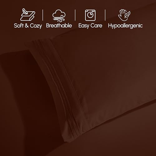 Image of Elegant Comfort Luxurious 1500 Premium Hotel Quality Microfiber Three Line Embroidered Softest 4-Piece Bed Sheet Set, Wrinkle and Fade Resistant, RV Short Queen, Brown