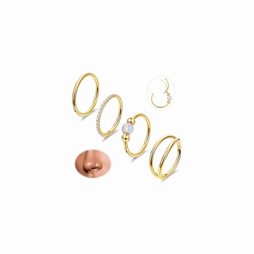 Masedy 4PCS 18G Surgical Steel Nose Ring Hoop for Women Men Hinged Double Nose Hoop CZ Opal Clicker Septum Nose Hoops Cartilage Conch Tragus Rook Ring Lip Daith Piercing Jewelry Gold 7MM