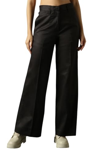 Image of High Star Women High Rise Solid Regular Length Wide Leg Casual Trousers