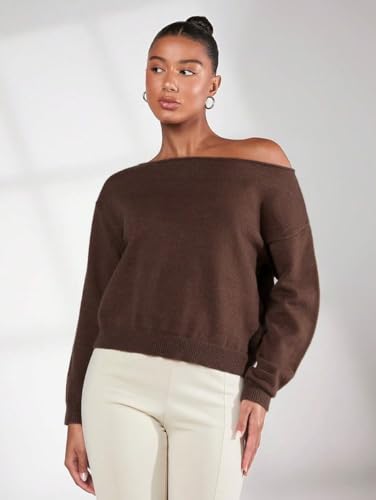 Image of SKAYS Off The Shoulder Sweater Women, Shoulder Slouchy Knit Pullover, Solid Asymmetrical Neck Drop Shoulder Sweater