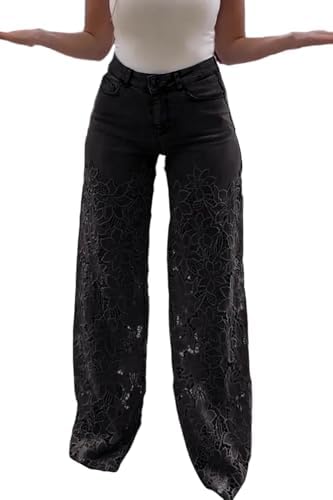 Women's Lace Patchwork Jeans High Waisted Straight Wide Leg Hollow Out Sheer Flower Baggy Lace Jeans