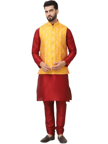 Image of SOJANYA (Since 1958 Men's Silk Blend Kurta Pyjama With Self Design Nehru Jacket
