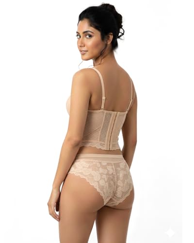 Image of Fashiol Women Lace Longline Bra | Lightly Padded Bustier Style Innerwear | Adjustable Strap Comfortable Everyday Bra and Panty Set Black and Skin