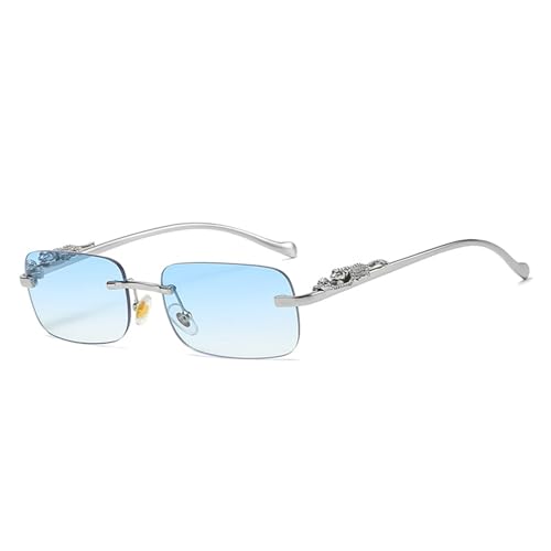 TOSGMLOUS Vintage Small Rimless Rectangle Sunglasses Metal Gold Silver Leopard Eyewear for Women Men (Silver Blue)