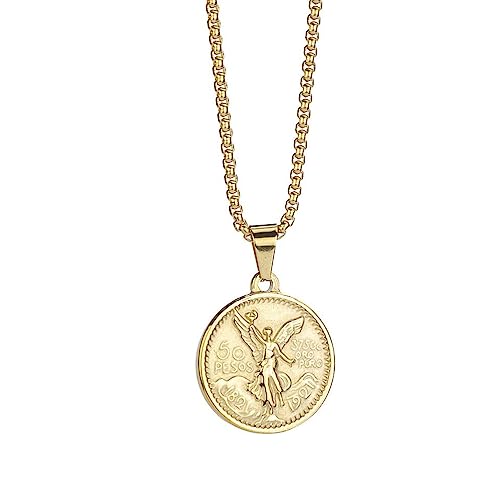 Mexican Coin Centenario Mexicano Moneda 50 Pesos Pendant Necklace 18K Pendant Necklace Men Coin Jewelry (Gold)