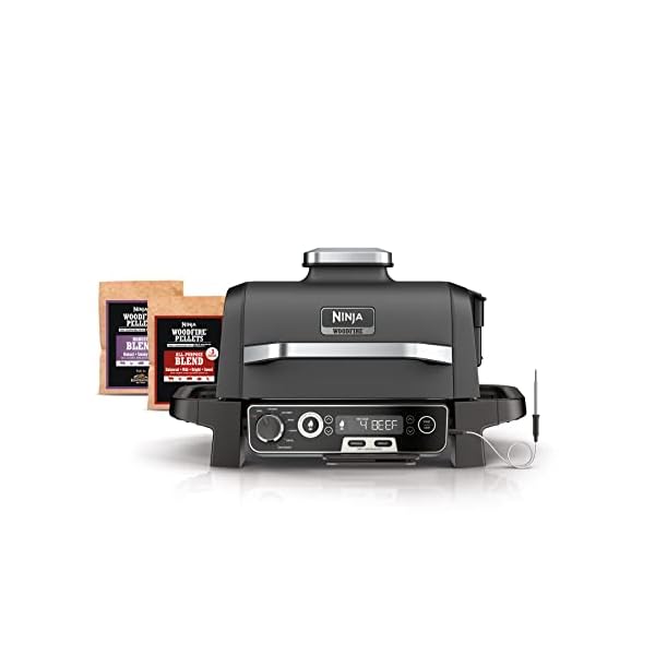 Ninja OG701 Woodfire Outdoor Grill & Smoker, 7-in-1 Master Grill, BBQ Smoker, & Air Fryer plus Bake, Roast, Dehydrate, & Broil, uses Ninja Woodfire Pellets, Weather-Resistant, Portable, Electric, Grey