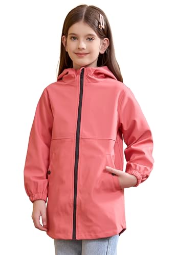 Image of SOLOCOTE Kids Rain Jacket Hooded Lined Rubber RainCoats for Girls Boys Waterproof Windproof Size 5-14Y