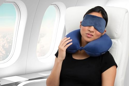 Image of Microfiber Travel Pillow with Eye Mask - Soft Neck Support Pillow for Airplane, Car, Train & Office - Compact & Lightweight Travel Essentials Set for Men & Women,NavyBlue