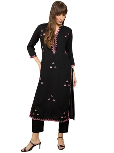 Image of INDO ERA Women's Cotton Straight Fit Floral Embroidered Kurta (KT0GN9776)
