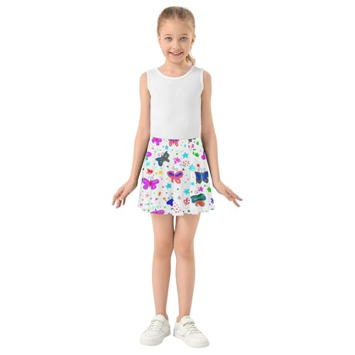 Butterflies Stars Dots White Athletic Shorts Girls Skorts Tennis Skirts Kids Running Teen Cheer 3t3