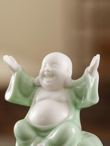 Estatua Pequeña de Buda Risueño Verde de Cerámica 4.5 pulg. miniatura 4