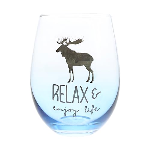 Pavilion Gift Company - Relax & Enjoy Life - 18 ounce Stemless Wine Glass, Lodge Collection, Cabin Themed Gifts or Rustic Décor for Men or Women, Wine Tasting Gifts, 1 Count (Pack of 1), Blue