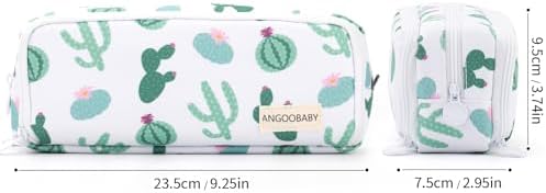 ANGOOBABY Large Pencil Case Big Capacity 3 Compartments Canvas Pencil Pouch for Teen Boys Girls School Students (Green Cactus)