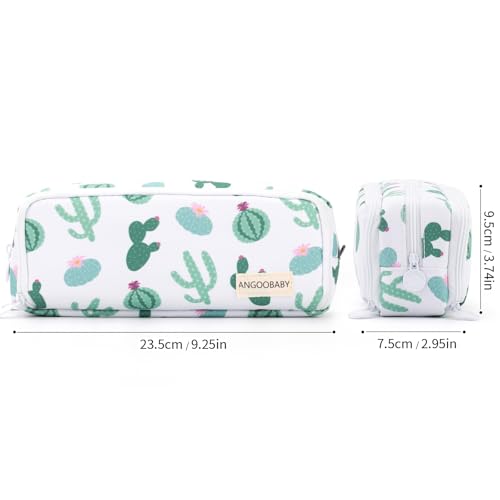 ANGOOBABY Large Pencil Case Big Capacity 3 Compartments Canvas Pencil Pouch for Teen Boys Girls School Students (Green Cactus)